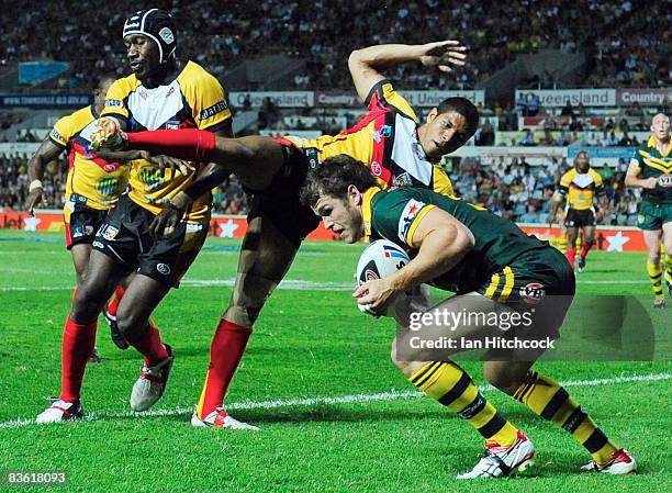 David Willliams of Australia scores a try during the 2008 Rugby League World Cup Pool 1 match between Papua New Guinea and the Australian Kangaroos...
