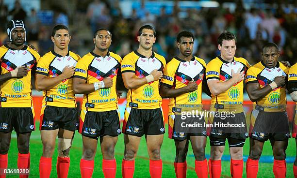 The PNG team stand together for their national anthem before the start of the 2008 Rugby League World Cup Pool 1 match between Papua New Guinea and...