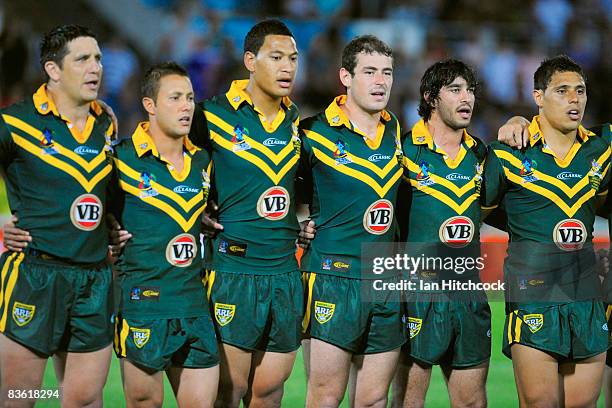 The Australian team stand together for the national anthem before the start of the 2008 Rugby League World Cup Pool 1 match between Papua New Guinea...
