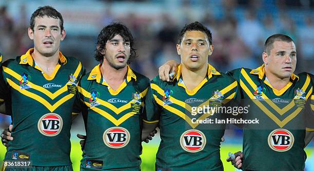 Terry Campese, Johnathan Thurston, Anthony Tupou and Anthony Watmough of Australia stand together before the start of the 2008 Rugby League World Cup...