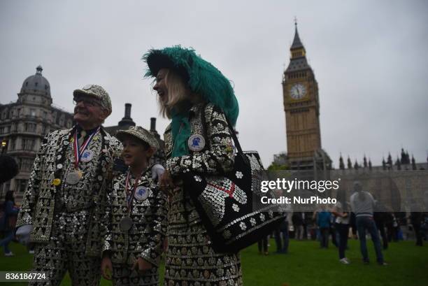 Pearly King, Queen and Prince are gathered at Parliament Square to hear the Big Ben's world famous 'bongs' for the final time for four years, in...