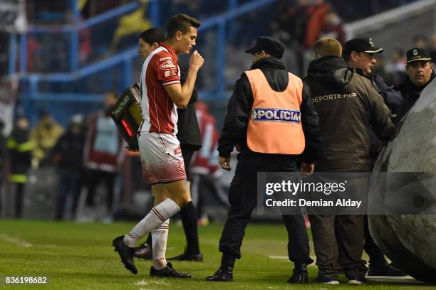 Facundo Aguero of Instituto walks off the field after being sent off during a match between River Plate and Instituto as part of round 16 of Copa...