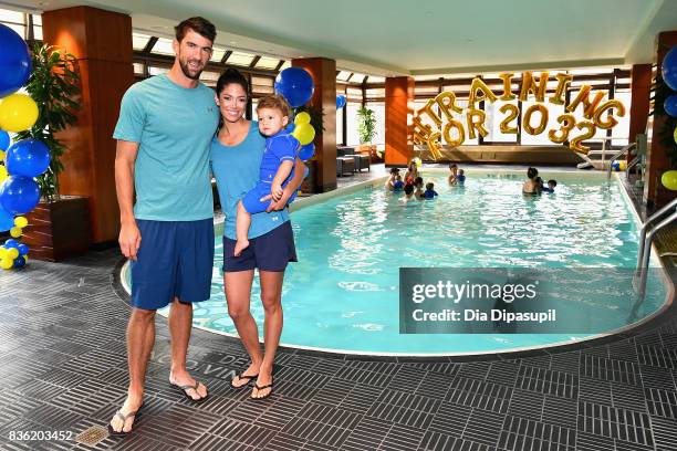 Michael Phelps, Nicole Phelps and Boomer Phelps attendthe Huggies Little Swimmers #trainingfor2032 Swim Class With The Phelps Foundation on August...