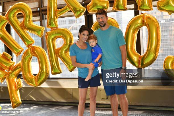 Nicole Phelps, Boomer Phelps and Michael Phelps attend the Huggies Little Swimmers #trainingfor2032 Swim Class With The Phelps Foundation on August...