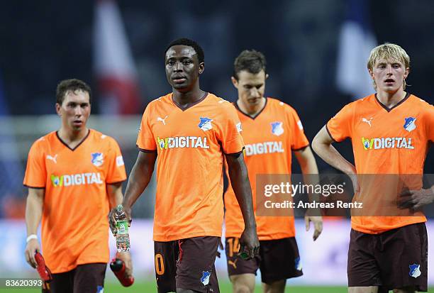 Chinedu Ogbuke Obasi of Hoffenheim and his team mates react after the Bundesliga match between Hertha BSC Berlin and 1899 Hoffenheim at the Olympic...