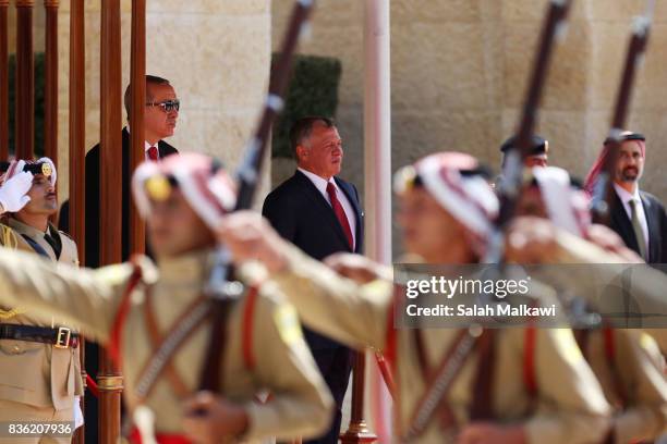 Turkish president Recep Tayyip Erdogan arrives for talks with Jordan's King Abdullah II at the al-Husseineyah royal palace on August 21, 2017 in...