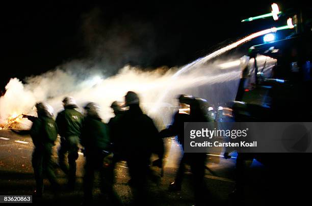 German riot police breaks up a meeting by activists protesting against the tranportation of nuclear waste on November 9, 2008 in Metzingen near...