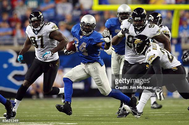 Kevin Smith of the Detroit Lions runs the ball against the Jacksonville Jaguars on November 9, 2008 at Ford Field in Detroit, Michigan. Jacksonville...
