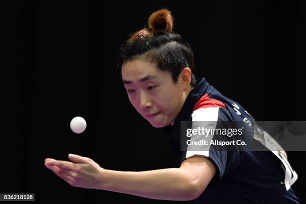 Feng Tian Wei of Singapore in action during the Women Singles Qualification Round at the MITEC as part of the 2017 SEA Games on August 21, 2017 in...