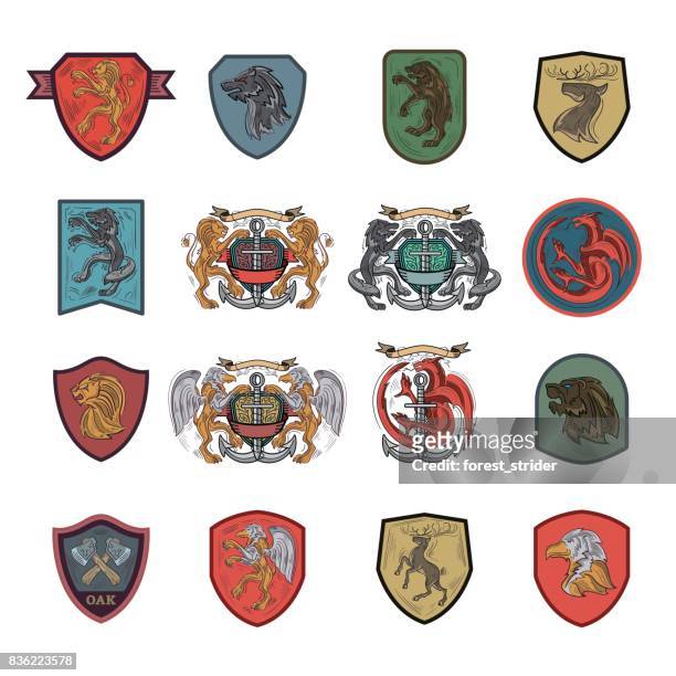 ilustrações, clipart, desenhos animados e ícones de ícones de emblema slumdog e brasão de armas - proteger com escudo