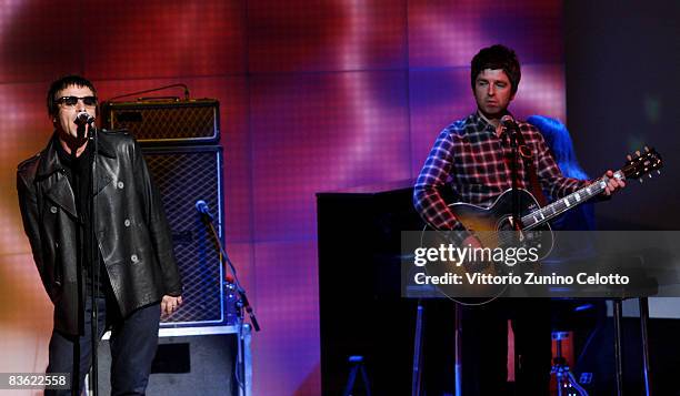 Fabio Fazio, Noel Gallagher and Liam Gallagher of Oasis attend "Che Tempo Che Fa" Italian TV Show on November 9, 2008 in Milan, Italy.