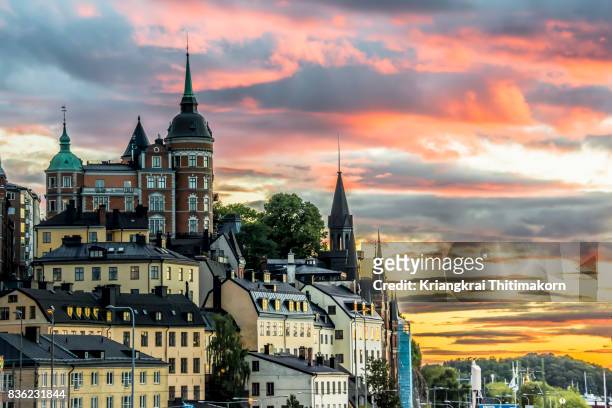 view of stockholm cityscape during sunset, sweden. - stockholm sunset stock pictures, royalty-free photos & images