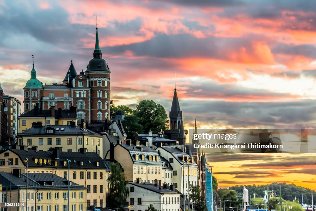 View of Stockholm cityscape during sunset, Sweden.