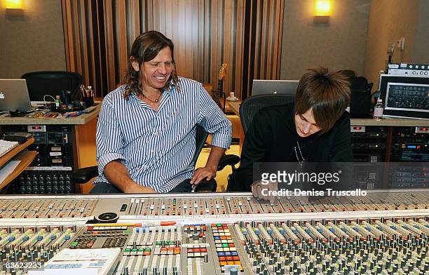 Music producer Kevin Shirley and musical artist Tyler Bryant at a recording session at The Palms Casino Resort on November 9, 2008 in Las Vegas,...