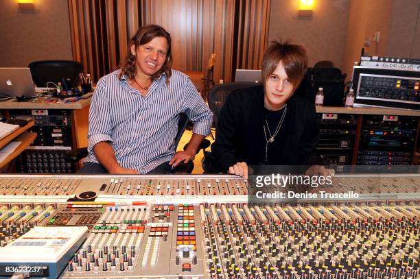 Music producer Kevin Shirley and musical artist Tyler Bryant at a recording session at The Palms Casino Resort on November 9, 2008 in Las Vegas,...