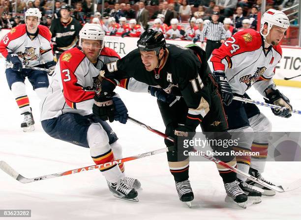 Karlis Skrastins of the Florida Panthers battles for position against Ryan Getzlaf of the Anaheim Ducks during the game on November 9, 2008 at Honda...