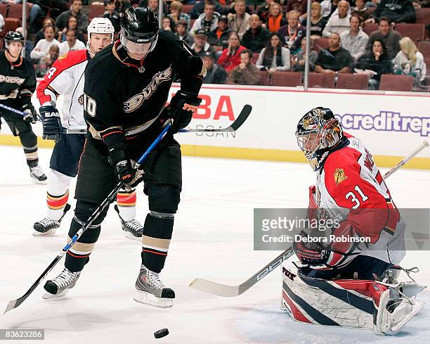 Craig Anderson of the Florida Panthers defends in the crease as Corey Perry of the Anaheim Ducks attempts a shot on goal during the game on November...