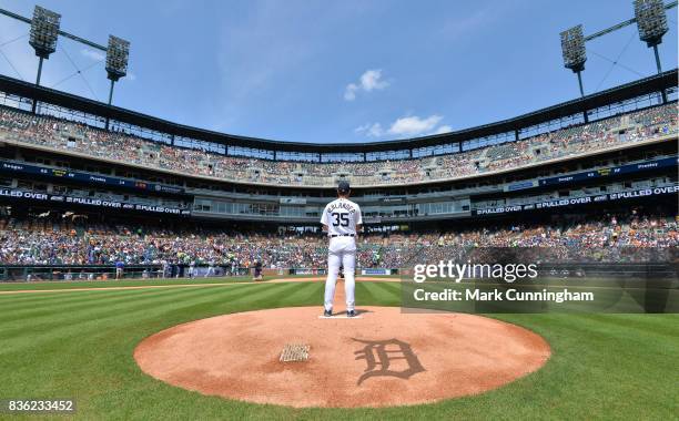 General view of Comerica Park as Justin Verlander of the Detroit Tigers throws a warm-up pitch just prior to the start of the game against the Los...