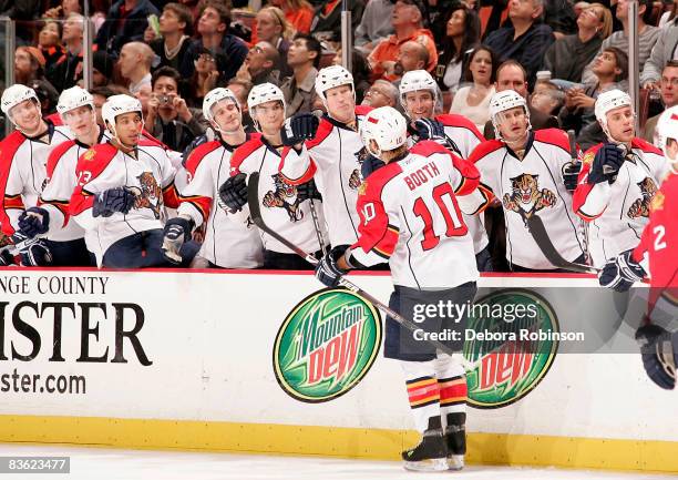 The Florida Panthers celebrate a goal in the second period from David Booth against the Anaheim Ducks during the game on November 9, 2008 at Honda...