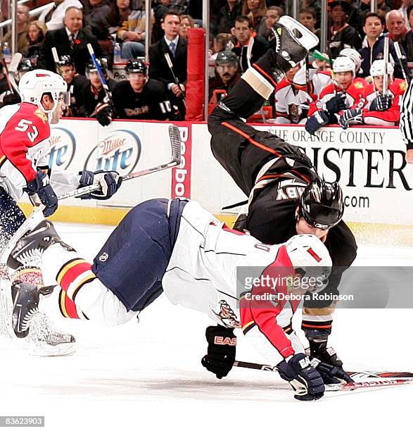 Keith Ballard of the Florida Panthers collides with Brian Sutherby of the Anaheim Ducks during the game on November 9, 2008 at Honda Center in...