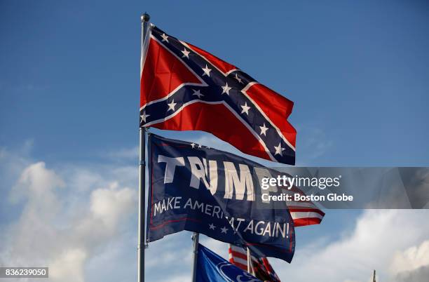 Trump "Make America Great Again!" flag flies below the confederate flag over the Peary's RV in Earhart Campground, a private campground adjacent to...