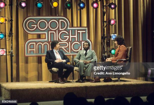 Show coverage - Airdate: March 6, 1975. PRODUCTION SHOT OF ROBERT J. GRODEN, DICK GREGORY AND GERALDO RIVERA talent: L-R: ROBERT J. GRODEN;DICK...