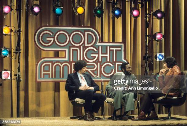 Show coverage - Airdate: March 6, 1975. L-R: ROBERT J. GRODEN;DICK GREGORY;GERALDO RIVERA talent: L-R: ROBERT J. GRODEN;DICK GREGORY;GERALDO RIVERA...