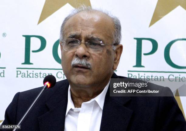 Chairman of the Pakistan Cricket Board Najam Sethi speaks during a press conference in Lahore on August 21, 2017. Pakistan on August 21 announced the...