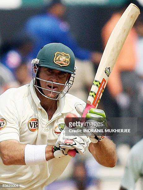 Australian cricketer Mathew Hayden plays a shot on the fifth and final day of the fourth and final Test match of the Border-Gavaskar Trophy 2008...
