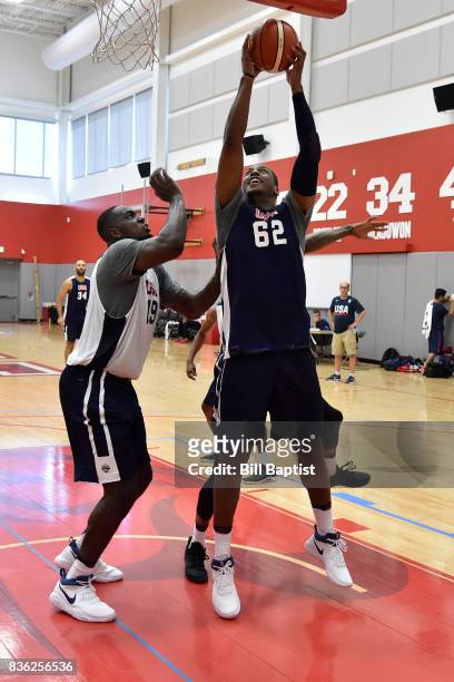 Jonathan Holmes of the USA AmeriCup Team drives to the basket during a training camp at the University of Houston in Houston, Texas on August 18,...