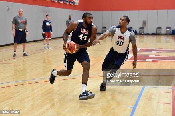 Reggie Williams of the USA AmeriCup Team dribbles the ball during a training camp at the University of Houston in Houston, Texas on August 18, 2017....