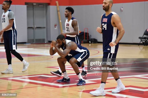 Reggie Williams of the USA AmeriCup Team stretches during a training camp at the University of Houston in Houston, Texas on August 18, 2017. NOTE TO...