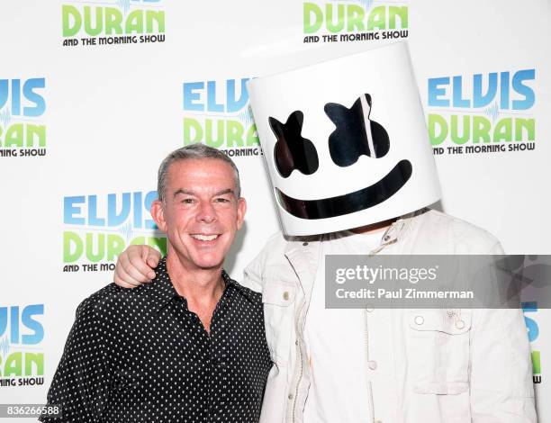 Radio personality Elvis Duran and Marshmello pose during 'The Elvis Duran Z100 Morning Show' at Z100 Studio on August 21, 2017 in New York City.