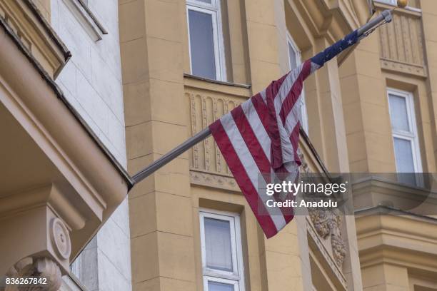 View of the building of the US Embassy is seen in Moscow, Russia on August 21, 2017. The U.S. Embassy in Russia will suspend issuing nonimmigrant...