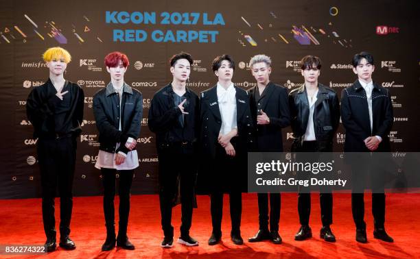 Musical Group Got7, including members JB, Mark, Jackson, Jinyoung, Youngjae, BamBam and Yugyeom attend the Red Carpet Photo Op at KCON 2017 at LA...