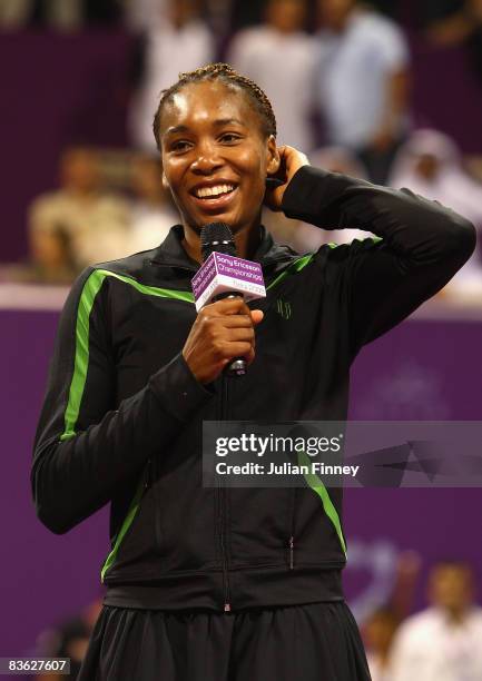 Venus Williams of United States makes a speech after defeating Vera Zvonareva of Russia in the final during the Sony Ericsson Championships at the...