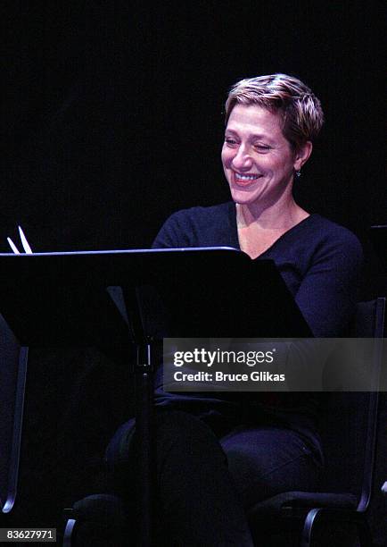 Edie Falco performs at a rehearsal for the 10th anniversary reunion reading of "Side Man" benefitting the Opening Act New York City school theater...