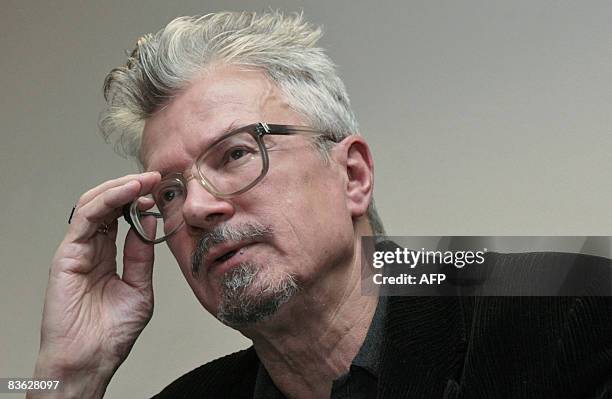 Russian radical opposition leader Eduard Limonov gestures as he speaks during a press conference on November 10 in Moscow. Limonov spoke out about...