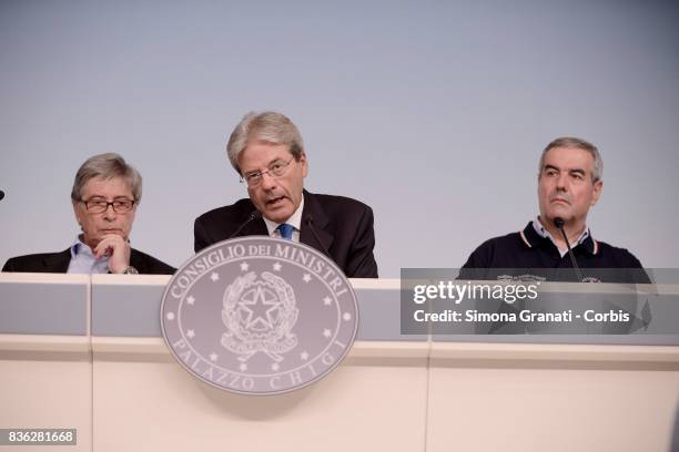 Prime Minister Paolo Gentiloni, Commissioner for Reconstruction, Vasco Errani, Head of Civil Protection Department, Angelo Borrelli, during a press...