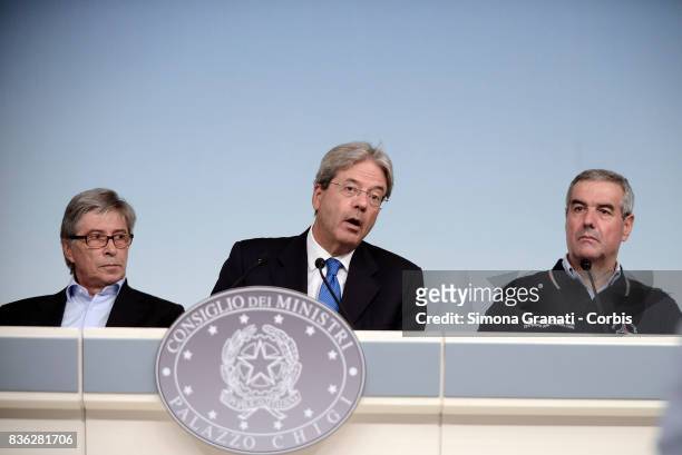 Prime Minister Paolo Gentiloni, Commissioner for Reconstruction, Vasco Errani, Head of Civil Protection Department, Angelo Borrelli, during a press...