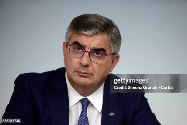 President of affected region Abruzzo Luciano D'Alfonso during a press conference at Palazzo Chigi on a year-long reconstruction of the first shakes,...