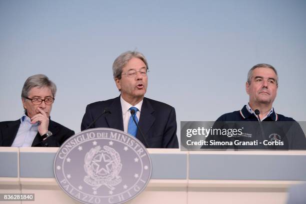 Prime Minister Paolo Gentiloni, Commissioner for Reconstruction, Vasco Errani, Head of Civil Protection Department, Angelo Borrelli, during a press...