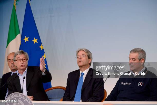 Prime Minister Paolo Gentiloni, Commissioner for Reconstruction, Vasco Errani, Head of Civil Protection Department, Angelo Borrelli, during a press...