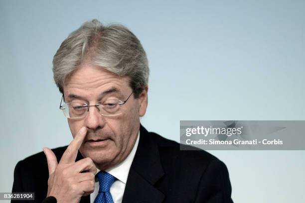 Prime Minister Paolo Gentiloni during a press conference at Palazzo Chigi on a year-long reconstruction of the first shakes, on August 21, 2017 in...