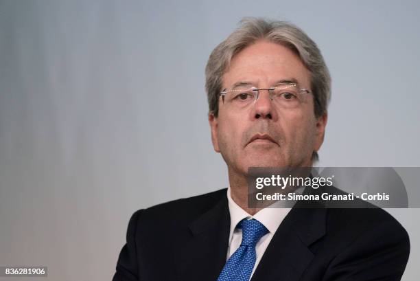 Prime Minister Paolo Gentiloni during a press conference at Palazzo Chigi on a year-long reconstruction of the first shakes, on August 21, 2017 in...