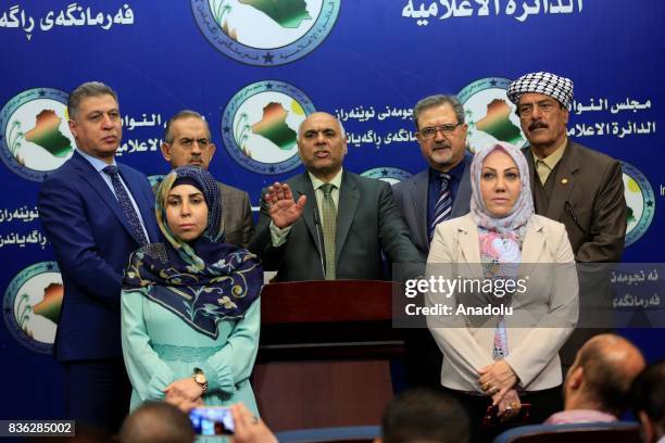 Turkmen Deputy Abbas al-Bayati delivers a speech during a press conference due to liberating operation from Daesh in Tel Afar, at parliament building...