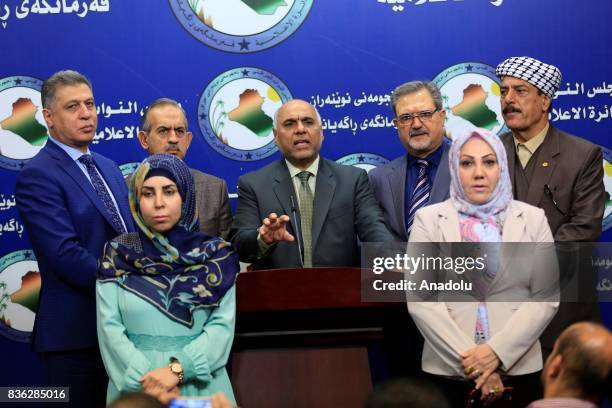 Turkmen Deputy Abbas al-Bayati delivers a speech during a press conference due to liberating operation from Daesh in Tel Afar, at parliament building...