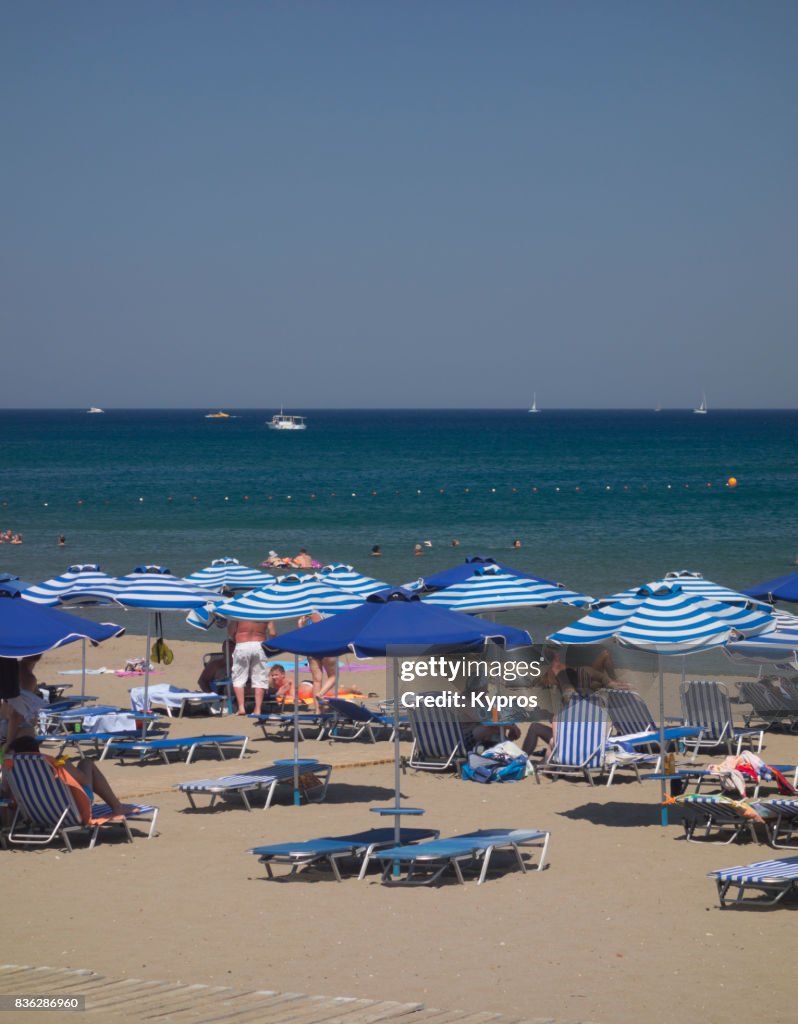 Europe, Greece, Rhodes Island, View Of Tourists On Faliraki Beach