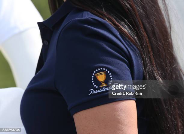 Logo design at LACOSTE 'Official Apparel Provider' unveiling during 2017 Presidents Cup Media Day at Liberty National Golf Club on August 21, 2017 in...