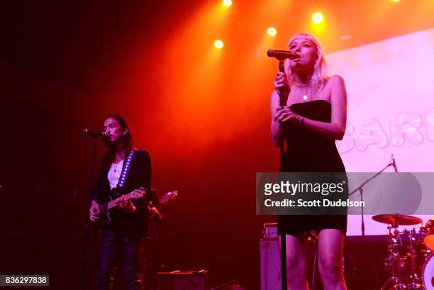 Singers Joseph Matick and Carly Russ of Girlyboi perform onstage during the GIRL CULT Festival at The Fonda Theatre on August 20, 2017 in Los...